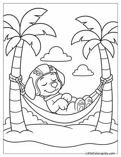 Zuma Sleeping in a Hammock Between Two Palm Trees With a Sleepy Smile Coloring Page