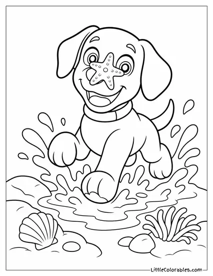 Zuma Splashing Through a Tide Pool With a Starfish on His Nose Coloring Page
