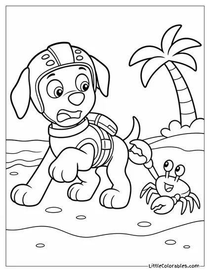 Zuma Startled as a Crab Pinches His Tail on a Sandy Beach Coloring Page