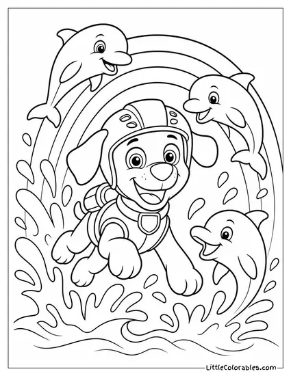 Zuma Surrounded by Dolphins Leaping Through a Rainbow of Ocean Spray Coloring Page
