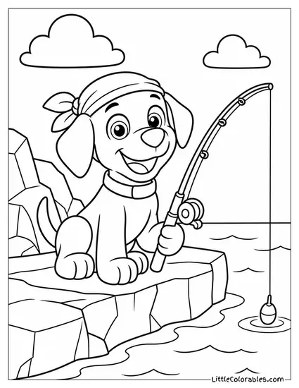 Zuma Wearing a Bandana Fishing Off a Rocky Pier With a Cheerful Smile Coloring Page