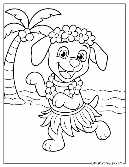 Zuma Wearing a Lei and Flower Crown Dancing at a Beach Luau With a Big Smile Coloring Page