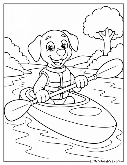 Zuma Wearing a Life Jacket Paddling a Kayak Down a Calm River Coloring Page
