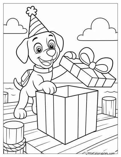Zuma Wearing a Party Hat Opening a Giant Gift Box on a Wooden Dock Coloring Page