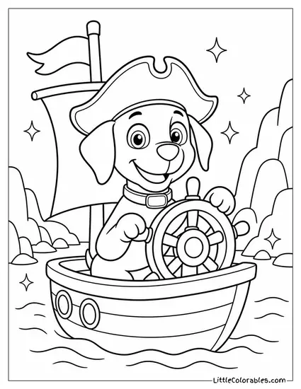 Zuma Wearing a Pirate Hat Steering a Toy Ship Through a Sparkling Cove Coloring Page