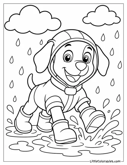 Zuma Wearing a Raincoat and Boots Splashing Through Puddles on a Stormy Day Coloring Page