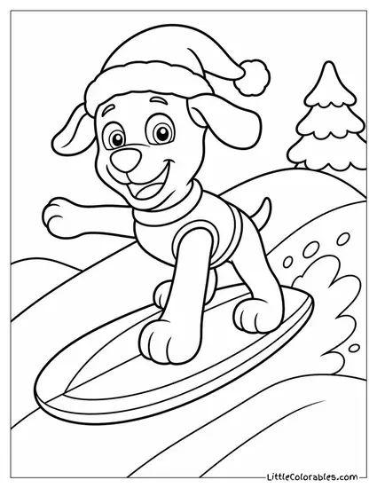 Zuma Wearing a Santa Hat Sliding Down a Snowy Hill on a Surfboard Coloring Page