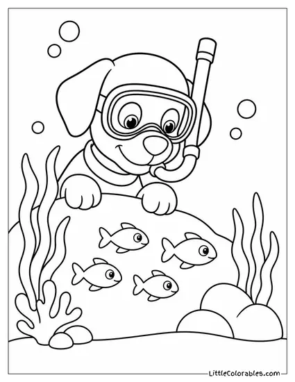 Zuma Wearing a Snorkel and Mask Peeking at a School of Tiny Fish Coloring Page