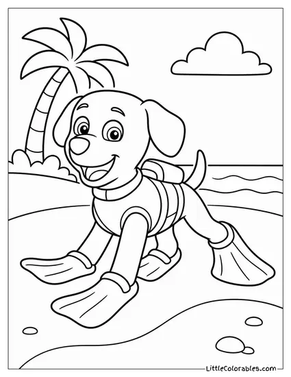 Zuma Wearing Flippers Waddling Awkwardly Across the Sand Coloring Page