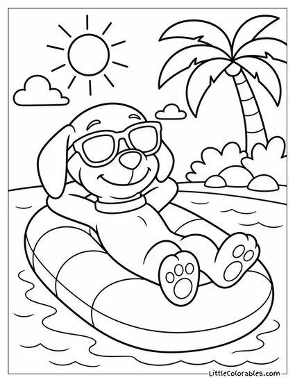 Zuma Wearing Sunglasses Lounging on an Inflatable Raft in a Sunny Lagoon Coloring Page