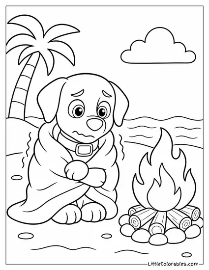 Zuma Wrapped in a Towel Shivering Beside a Warm Campfire on the Beach Coloring Page