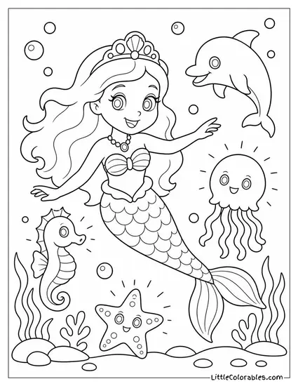 Zuzu the Mermaid Princess Swimming Beside Her Glowing Friends Coloring Page